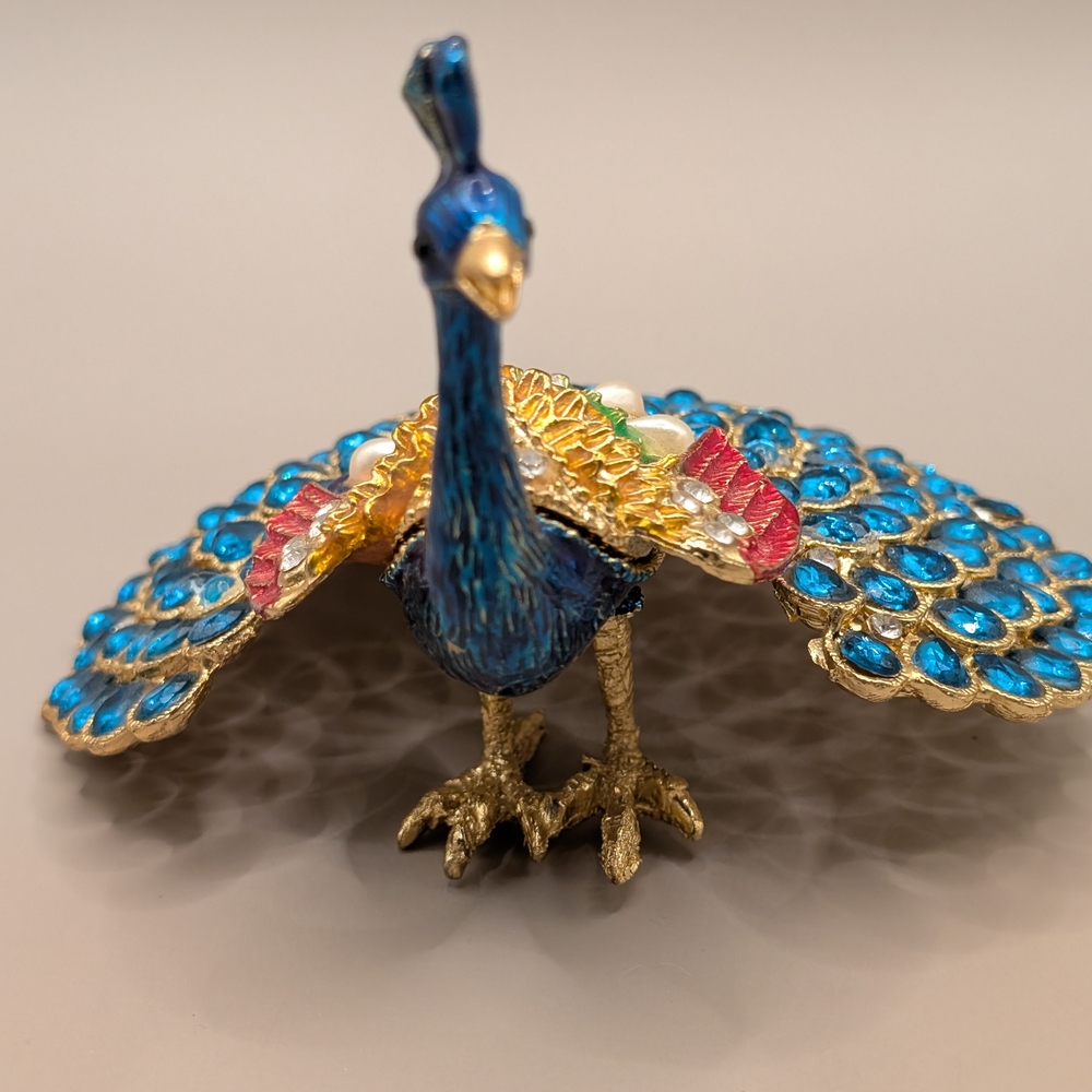 Vibrant Blue and Gold Peacock Trinket Box